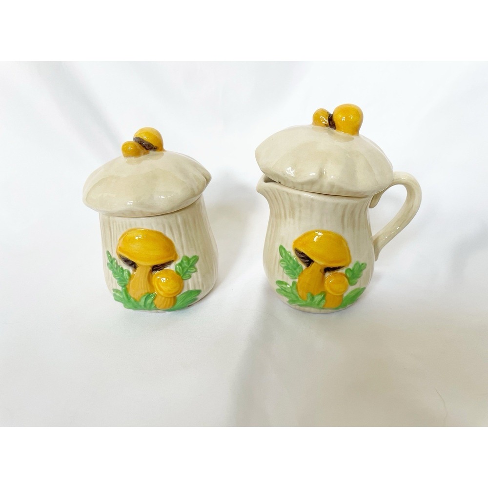 Vintage Handmade 70s Arnel's Sugar & Creamer Set Mushroom Design Retro Canister